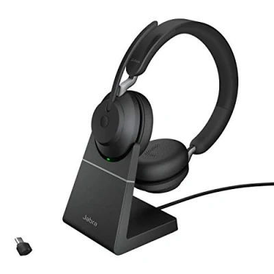 Image de Jabra Evolve2 65 UC Stereo Micro casque sur oreille Bluetooth sans fil USB C isolation acoustique noir avec support de chargement