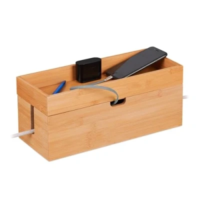 Afbeelding van kabelbox voor 2 stekkerdozen bamboe kabelorganizer met vakje 14 x 34 cm kabels verstoppen