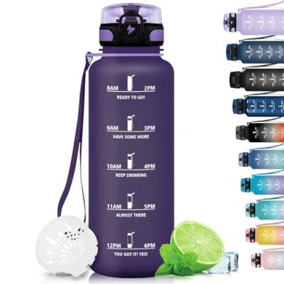 Afbeelding van Grsta Gourde de sport sans BPA avec détecteur temps motivation, pour salle sport, vélo, bureau, violet intense