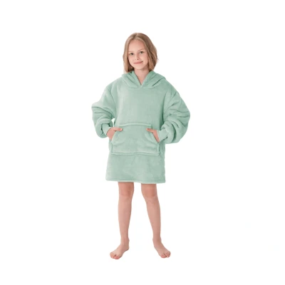 Afbeelding van Dutch Decor JUNIOR Hoodie voor kinderen lichtgroen superzachte stof met buidel en capuchon teddy binnenvoering Fleece kinder poncho cadeautip!