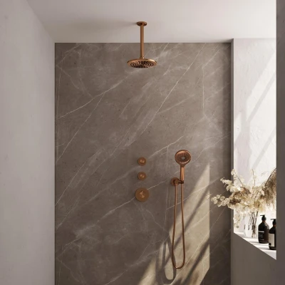 Afbeelding van Brauer Copper Edition Regendoucheset inbouw hoofddouche 20cm plafondarm 3 gladde knoppen handdouche rond standen PVD geborsteld koper