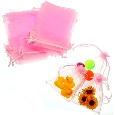 Afbeelding van JZK 50 x organzazakjes, voor snoep, kleine sieraden, bruiloft, verjaardag, babyshower en verschillende gelegenheden, roze, 129 cm