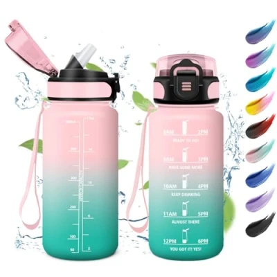 Afbeelding van 500 ml waterfles voor kinderen, lekvrij, gemakkelijk te openen, met rietje, motiverende tijdweergave, camping, reizen, school