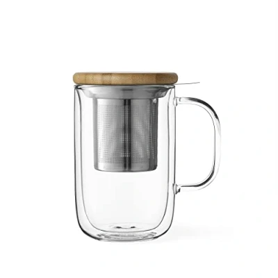 Afbeelding van Theemok van glas, dubbelwandig, met handvat, thermisch glas roestvrijstalen zeefje voor losse theebladeren en deksel bamboehout, 0,5 liter