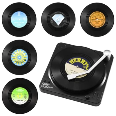 Afbeelding van Coolty Set van 6 retro onderzetters in cd vorm vinyl, antislip onderzetter, thee en koffiekopje met standaard