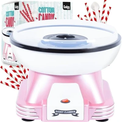 Image de Gadgy Machine Barbe à Papa Maison, Cotton Candy Rétro pour Sucre ou Bonbons Floss, idéal pendant Fêtes d&#039;Anniversaires, incl. 10 Baguettes Barbapapa et Cuillère a Mesurer, Rose