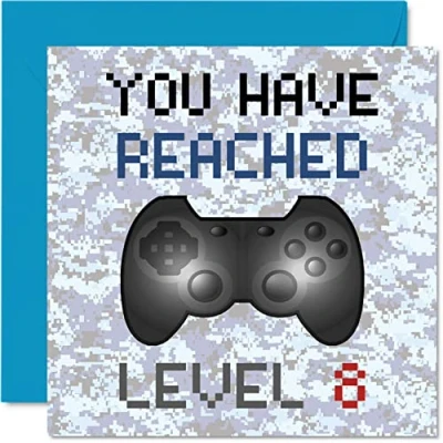 Afbeelding van Verjaardagskaart 8e speler You Have Reached Level 8 Verjaardagskaarten voor jongens, spelletjes kinderen jaar, achtste verjaardag, videospel, dochter, zoon, neef, kleinzoon, 145 mm