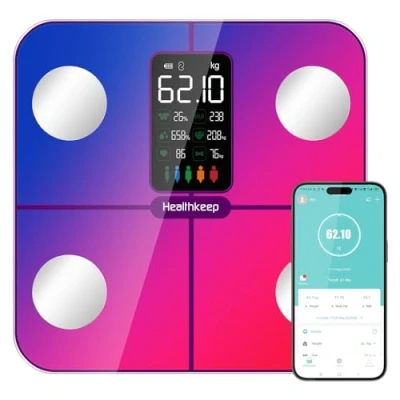 Afbeelding van Personenweegschaal met lichaamsvet en spiermassa, 15 lichaamsgegevens, lichaamsvetanalyse, Smart Balance app, groot iriserend display
