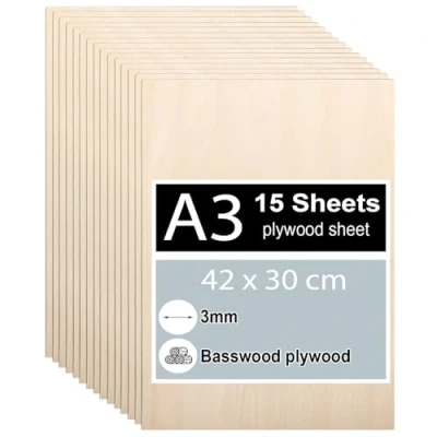 Afbeelding van 15 vellen multiplex 3 mm 42 x 30 cm, lindemultiplex, dunne houten blanco&#039;s, knutselwerk, laserbewerking, vuurschilderen, modelbouw, stuks