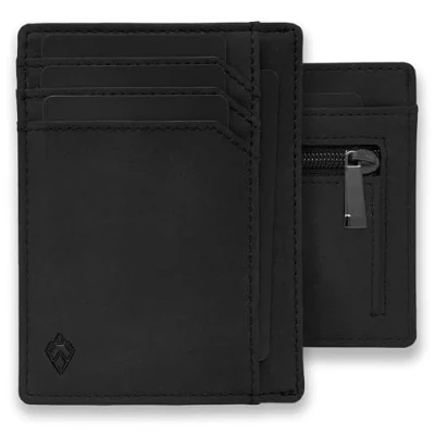 Afbeelding van AKIELO Portemonnee compacte kaarthouder met RFID blokkering minimalistische herenportemonnee, eenheidsmaat (BRAVO collectie, 04 stuks. Zwarte Rits Edition, Minimalistisch