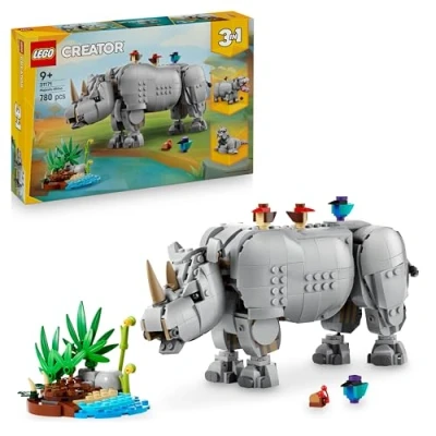 Afbeelding van LEGO Creator 3 in 1 wilde dieren: de majestueuze neushoorn en vogels speelgoed met dierenfiguur verandert een model van Hippo of Morse cadeau voor jongens meisjes vanaf 9 jaar 31171