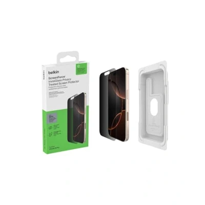 Afbeelding van Belkin ScreenForce InvisiGlass Privacy schermbeschermer voor iPhone 16 Pro (krasbestendig, Easy Align houder, luchtbelvrij aan te brengen, gerecycled glas, anti spion glas Pro)