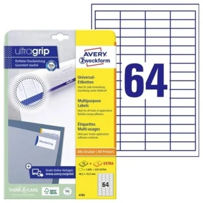 Afbeelding van AVERY Zweckform 4785 étiquettes universelles (1 600 plus 320 adhésives supplémentaires, 48,5 x 16,9 mm sur A4, papier mat, imprimables individuellement, autocollants avec ultragrip) 30