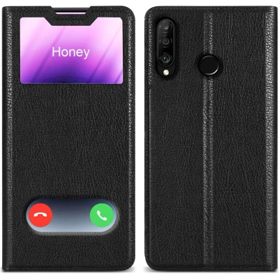 Afbeelding van Cadorabo Hoesje geschikt voor Huawei P30 LITE in KOMEET ZWART Beschermhoes met magnetische sluiting, standfunctie en 2 kijkvensters Book Case Cover Etui