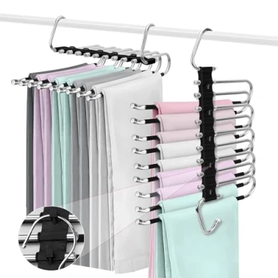 Afbeelding van ZPQAODI 2 stuks 9 in 1 opvouwbare kleerhangers, roestvrij staal, antislip, meerdere kleerhangers voor broeken, kleding, zwart