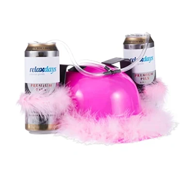 Afbeelding van Relaxdays bierhelm roze drinkhelm voor 2 blikjes vrijgezellenfeest vrouw zuiphelm
