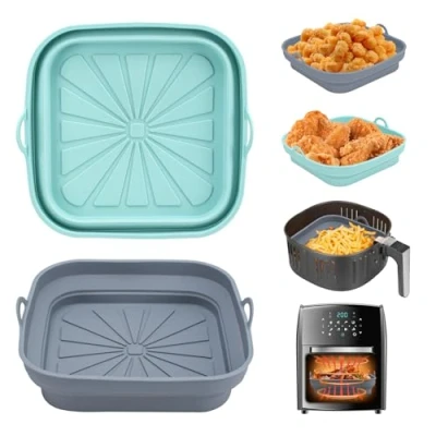 Afbeelding van Alyvisun Set van 2 siliconen airfryer bakplaten voor herbruikbare luchtfrituurbak, vierkant, vormmat airfryer, magnetron, oven (lichtblauw+grijs)