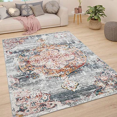 Afbeelding van Paco Home Vloerkleed voor woonkamer, slaapkamer, modern, vintage, oosterse ornament, pastelrand, afmetingen: 80 x 150 cm, kleur: grijs