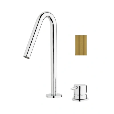 Afbeelding van Waterevolution Flow 2 gats wastafelkraan Geborsteld Messing met kleine V 127mm uitloop T1121VLE