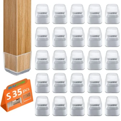 Afbeelding van Set van 35 vierkante stoelpootbeschermkappen met vilt, transparante siliconen vloerbeschermkappen voor vloerbescherming, klein (23 31 mm)