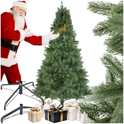 Afbeelding van tectake® Kunstkerstboom Rijk groen met gedetailleerde spuitgietnaalden Snelle opbouw steeksysteem Incl. inklapbare standaard 210 cm hoog Onderhoudsvriendelijk