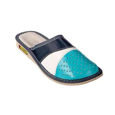Afbeelding van APREGGIO pantoffels voor dames van leer praktische handgemaakte volwassenen comfortabele damespantoffels robuuste damesschoenen, Blauw