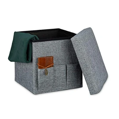 Afbeelding van relaxdays opvouwbare poef, 3 vakken, hocker, krukje, voetenbank, opbergbox 38 cm