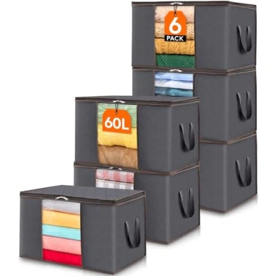 Afbeelding van Lifewit 6 stuks opbergzakken voor kleding, 60 liter, opbergdoos, verhuizing, opbergbak dekens, dekbedden, opvouwbare opbergdoos met versterkt handvat, grijs