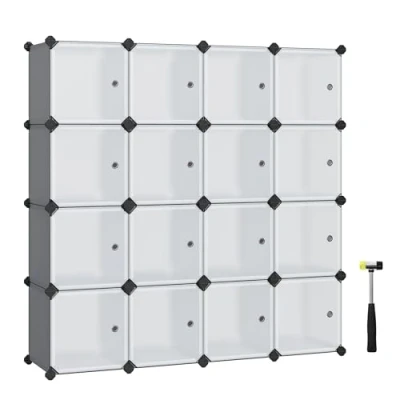 Afbeelding van Schoenenrek van SONGMICS, kunststof rek met 16 vakken, doe het zelf opbergrek, kledingkast, schoenenorganizer, 22 x 35 cm per vak, metalen draad, wit LPC44S