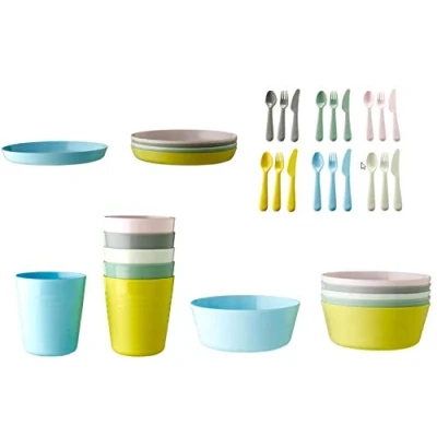 Afbeelding van Ikea Kalas 36 delig kinderservies, BPA vrij, kunststof servies, kom, borden, mok en bestek, pastelkleuren