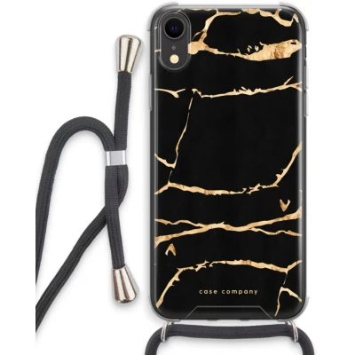 Afbeelding van Case Company® hoesje met Koord geschikt voor iPhone XR Gouden marmer Telefoonhoesje Zwart Extra Bescherming aan alle Kanten en Over de Schermrand