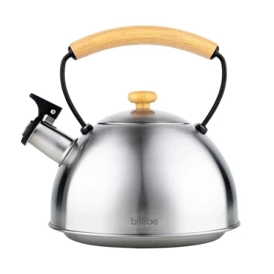 Afbeelding van briebe Fluitende inductieketel, retro, roestvrij staal 2,3 l, alle warmtebronnen: keramische plaat, gas, elektrisch, handvat van hout, cool touch, vintage, voor thee, koffie, theepot,