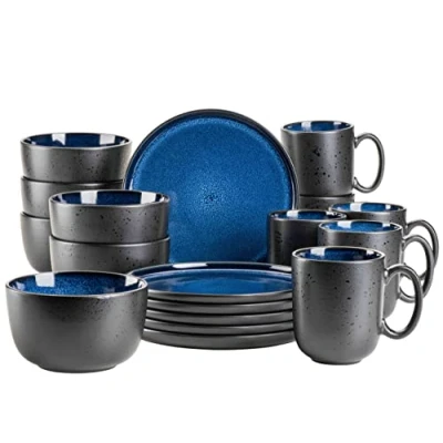 Afbeelding van MÄSER 931971 serie Niara, modern serviesset voor 6 personen in spannende vintage look, 18 delig ontbijtservies van keramiek blauw en zwart, steengoed