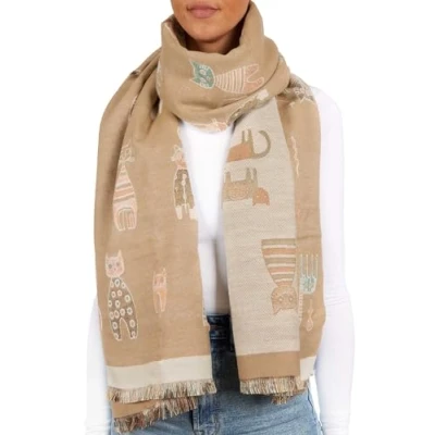 Afbeelding van BRUBAKER Cashmirillo damessjaal met kattenpatroon 70 x 200 cm warm, behaaglijk en oversized wollen sjaal voor herfst winter herfstsjaal wintersjaal zacht kasjmier gevoel, lichtbruin, Eén