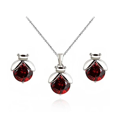 Afbeelding van Crystalline Azuria Dames set lieveheersbeestjes halsketting en studs oorbellen 18 karaat witgoud verguld met rode kristallen van zirkonia