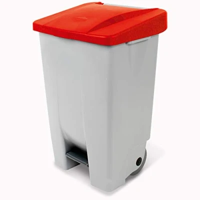 Afbeelding van Pedaalemmer met wielen, 80 liter, H x D 740 490 420 mm, behuizing grijs, deksel rood