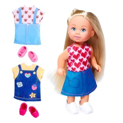 Afbeelding van SIMBA 105733727 Evi Love Fashion Poupée de jeu avec une jolie robe en jean, deux autres tenues, jolis imprimés et baskets, 12 cm, à partir 3 ans