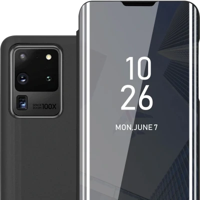 Afbeelding van Cadorabo Hoesje geschikt voor Samsung Galaxy S20 ULTRA in TOERMALIJN ZWART Clear View Spiegel Beschermende Case met Tribunefunctie 360 Graden Bescherming Book Cover Etui