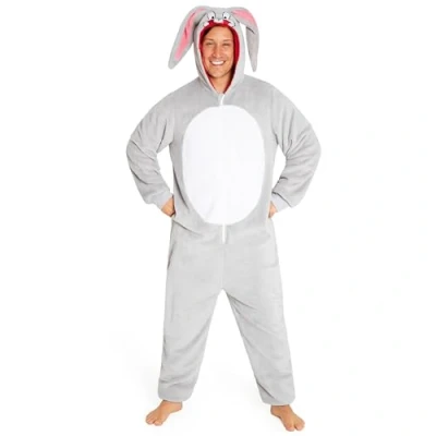 Afbeelding van Looney Tunes Pyjama voor heren, humor, rompertje volwassenen, van fleece, onesie humoristische dieren, S XXL, Grijs Bugs Bunny