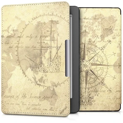 Afbeelding van kwmobile E reader hoesje geschikt voor Kobo Aura Edition 2 hoes flip case met magnetische sluiting Ereader cover Vintage Travel design in bruin / lichtbruin
