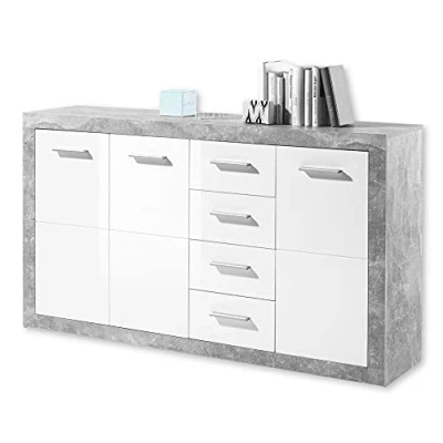 Afbeelding van Emob Dressoir Inga 152 cm met 3 deuren &amp; 4 lades beton/wit Woonkamerkasten Wit; Betonlook Spaanplaat Op voorraad
