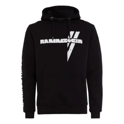 Afbeelding van Zwarte Rammstein hoody met wit kruismotief print op borst, rug en mouwen, zwart.