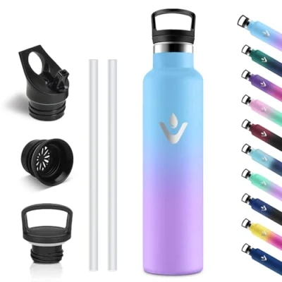 Afbeelding van Vikastar Roestvrijstalen thermosfles, 1 liter, BPA vrij, met rietje, voor school, sport, fietsen, camping, hemelsblauw paars