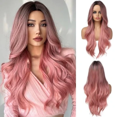 Afbeelding van OUFEI Ombre roze pruiken met donkere wortels voor dames, hittebestendige kunstvezel, lange golvende natuurlijke pruik dagelijks feest, cosplay