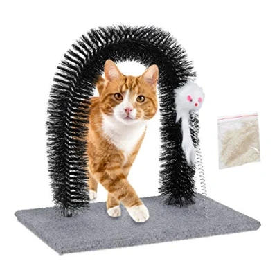 Afbeelding van Relaxdays kattenboog vachtverzorging kat massageborstel speelgoed ontharing grijs