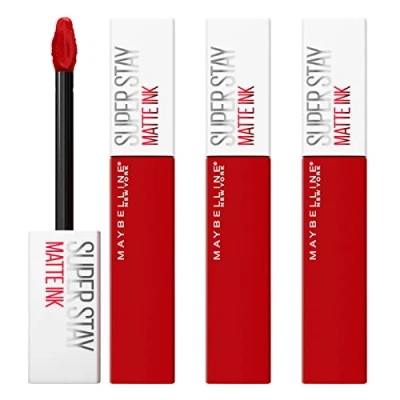 Image de Maybelline New York SuperStay Matte Ink Lot de 3 encres à lèvres couleur 340 Exhilarator, tenue 16 h, rouges avec applicateur pointu