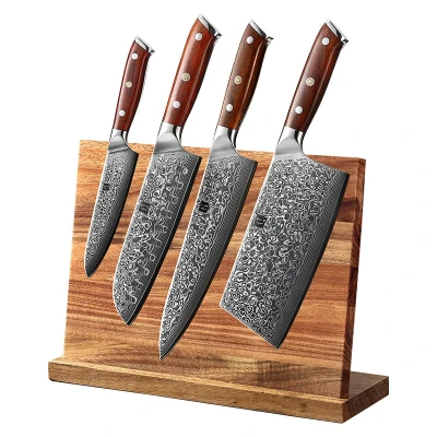 Afbeelding van Luxe en Professionele 5 delige Keukenmessen set van Damascus Staal (67 lagen, VG10) Rozenhouten handgrepen Xinzuo B13R Yu Koksmes + Hakmes Santokumes Groentemes Magnetisch messenblok