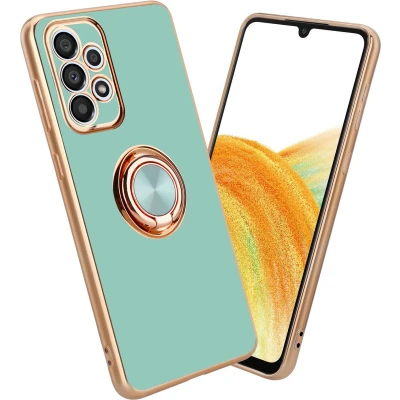 Afbeelding van Cadorabo Hoesje geschikt voor Samsung Galaxy A52 (4G / 5G) A52s in Glossy Turquoise Goud met ring Beschermhoes van flexibel TPU silicone Case Cover camerabescherming en magnetische autohouder