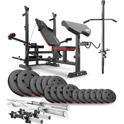 Afbeelding van Hop Sport Halterbank Krachtstation HS 1075 met Lange, Curl en Kort Halter, Gewichten 75 kg tot 173 + Lat (75 kg)