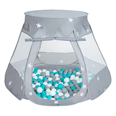 Afbeelding van Selonis Pop Up Speeltent Kasteel Speelhuisje Met Plastic Ballen Voor Kinderen, Grijs:Grijs Wit Turkoois,105X90cm/200